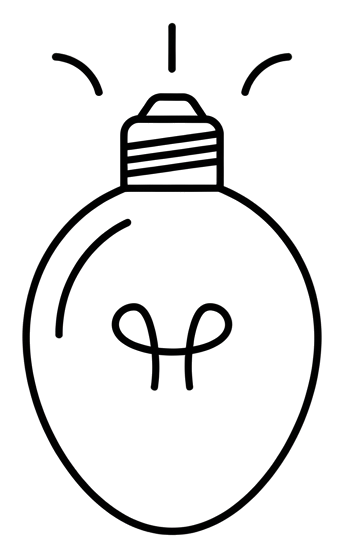 Thin black line icon, minimal outline of a light bulb idea icon, transparent background PNG
