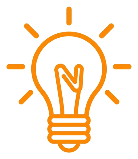 Rounded line icon, thick orange outline of a light bulb idea icon, transparent background PNG
