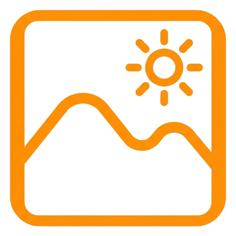 Rounded line icon, thick orange outline of a picture frame image icon with a mountain and sun, transparent background PNG
