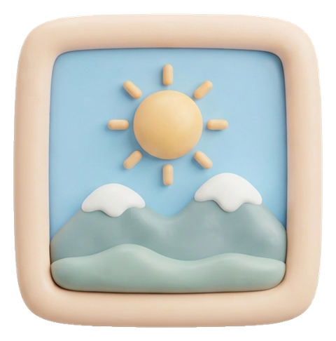 Soft 3D icon, pastel clay render of a picture frame image icon with a mountain and sun, transparent background PNG