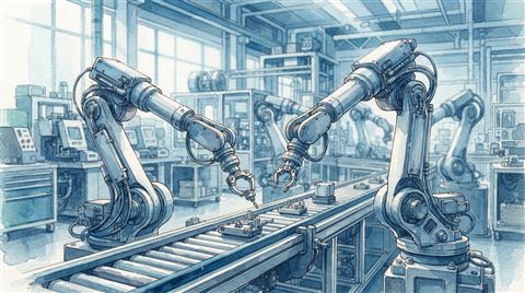 Watercolor illustration of An organized industrial manufacturing facility with clean mechanical arms, close-up detail with shallow depth of field, cool blue tones, quiet atmosphere, 16:9 aspect ratio