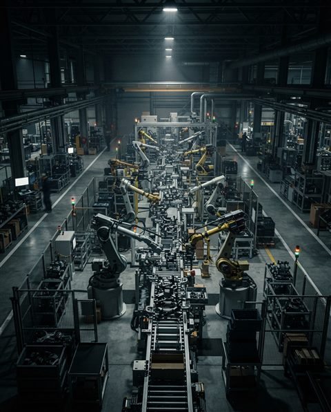 Photorealistic photo of An organized industrial manufacturing facility with clean mechanical arms, high-angle view from above, moody dark tones, dramatic lighting, 4:5 aspect ratio