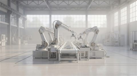 Soft 3D render of An organized industrial manufacturing facility with clean mechanical arms, centered subject with a simple uncluttered composition, misty morning haze, dreamy, 16:9 aspect ratio