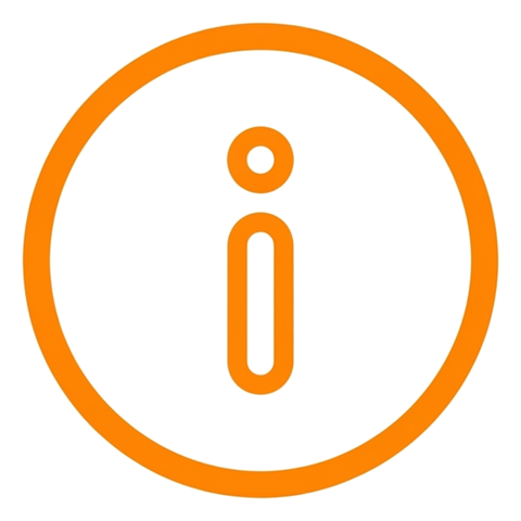 Rounded line icon, thick orange outline of a round information icon with a small i symbol, transparent background PNG