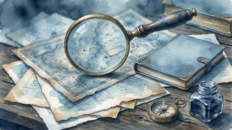 Watercolor illustration of a magnifying glass inspecting a map and documents on a wooden desk, close-up detail with shallow depth of field, cool blue tones, quiet atmosphere, 16:9 aspect ratio