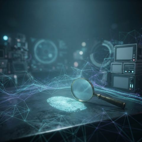 Soft 3D render of Glowing digital data network overlaying a vintage fingerprint and magnifying glass on a dark cyber investigation background, modern tech thriller mood, 16:9 aspect ratio, wide shot with open space at the top for text, misty morning haze, dreamy, 1:1 aspect ratio