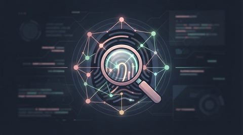 Minimal flat illustration of Glowing digital data network overlaying a vintage fingerprint and magnifying glass on a dark cyber investigation background, modern tech thriller mood, 16:9 aspect ratio, centered subject with a simple uncluttered composition, soft pastel colors, bright and cozy, 16:9 aspect ratio