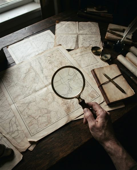 Photorealistic photo of a magnifying glass inspecting a map and documents on a wooden desk, high-angle view from above, moody dark tones, dramatic lighting, 4:5 aspect ratio