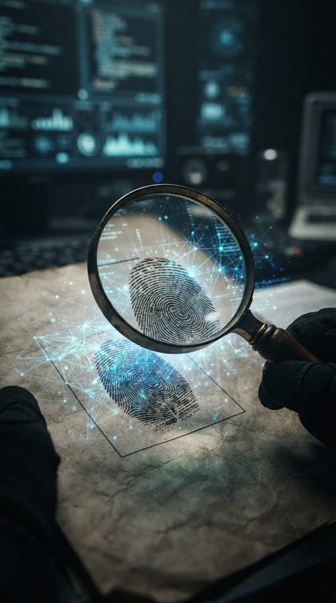 Photorealistic photo of Glowing digital data network overlaying a vintage fingerprint and magnifying glass on a dark cyber investigation background, modern tech thriller mood, 16:9 aspect ratio, close-up detail with shallow depth of field, moody dark tones, dramatic lighting, 9:16 aspect ratio