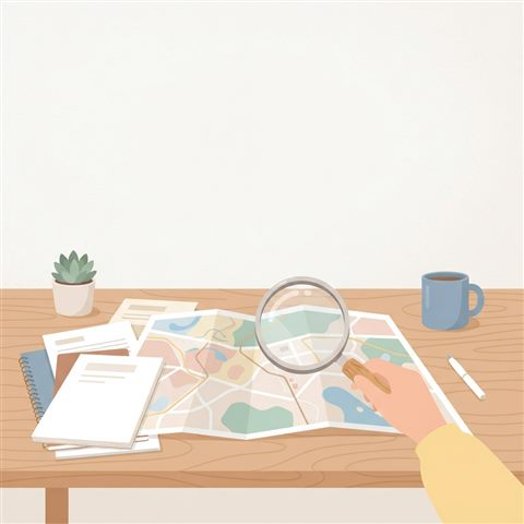 Minimal flat illustration of a magnifying glass inspecting a map and documents on a wooden desk, wide shot with open space at the top for text, soft pastel colors, bright and cozy, 1:1 aspect ratio