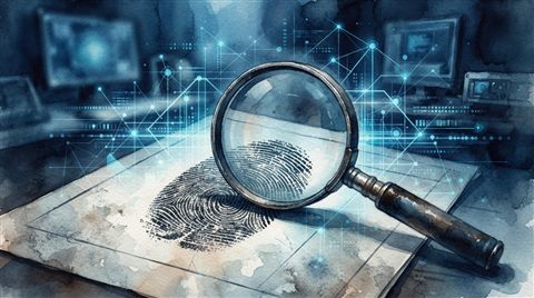 Watercolor illustration of Glowing digital data network overlaying a vintage fingerprint and magnifying glass on a dark cyber investigation background, modern tech thriller mood, 16:9 aspect ratio, close-up detail with shallow depth of field, cool blue tones, quiet atmosphere, 16:9 aspect ratio