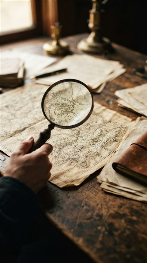 Cinematic film still of a magnifying glass inspecting a map and documents on a wooden desk, close-up detail with shallow depth of field, vivid colors, high contrast, energetic, 9:16 aspect ratio