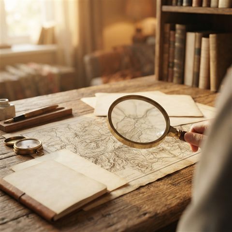 Photorealistic photo of a magnifying glass inspecting a map and documents on a wooden desk, wide shot with open space at the top for text, warm golden light, calm mood, 1:1 aspect ratio
