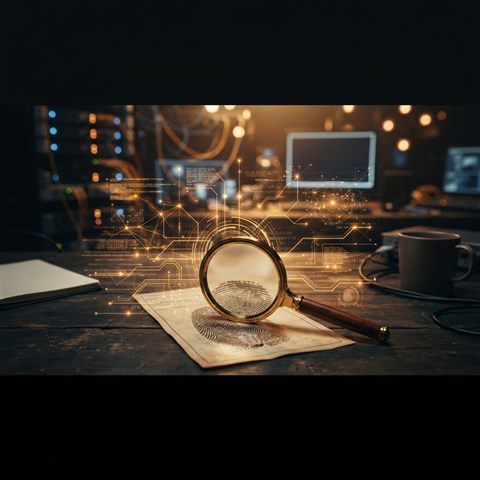 Photorealistic photo of Glowing digital data network overlaying a vintage fingerprint and magnifying glass on a dark cyber investigation background, modern tech thriller mood, 16:9 aspect ratio, wide shot with open space at the top for text, warm golden light, calm mood, 1:1 aspect ratio