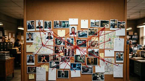 Photorealistic photo of detective evidence board with photos and red strings, no readable writing, wide shot with open space at the top for text, vivid colors, high contrast, energetic, 16:9 aspect ratio
