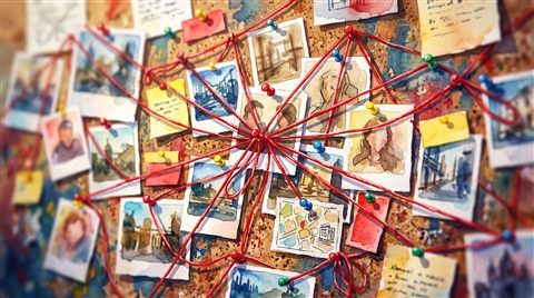 Watercolor illustration of detective evidence board with photos and red strings, no readable writing, close-up detail with shallow depth of field, vivid colors, high contrast, energetic, 16:9 aspect ratio