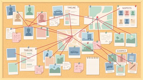 Minimal flat illustration of detective evidence board with photos and red strings, no readable writing, high-angle view from above, soft pastel colors, bright and cozy, 16:9 aspect ratio