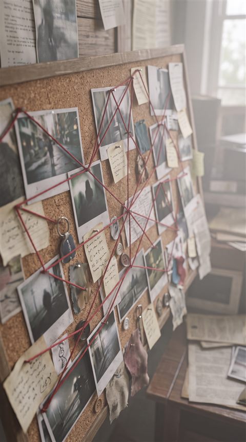 Soft 3d render of detective evidence board with photos and red strings, no readable writing, high-angle view from above, misty morning haze, dreamy, 9:16 aspect ratio