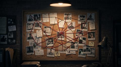 Soft 3d render of detective evidence board with photos and red strings, no readable writing, centered subject with a simple uncluttered composition, moody dark tones, dramatic lighting, 16:9 aspect ratio
