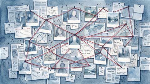 Watercolor illustration of detective evidence board with photos and red strings, no readable writing, high-angle view from above, cool blue tones, quiet atmosphere, 16:9 aspect ratio