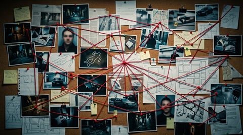 Cinematic film still of detective evidence board with photos and red strings, no readable writing, high-angle view from above, vivid colors, high contrast, energetic, 16:9 aspect ratio