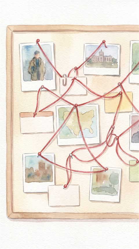 Watercolor illustration of detective evidence board with photos and red strings, no readable writing, centered subject with a simple uncluttered composition, soft pastel colors, bright and cozy, 9:16 aspect ratio