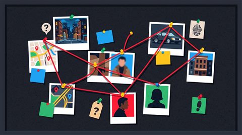 Minimal flat illustration of detective evidence board with photos and red strings, no readable writing, centered subject with a simple uncluttered composition, vivid colors, high contrast, energetic, 16:9 aspect ratio