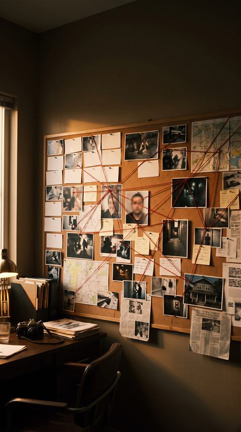 Cinematic film still of detective evidence board with photos and red strings, no readable writing, wide shot with open space at the top for text, warm golden light, calm mood, 9:16 aspect ratio