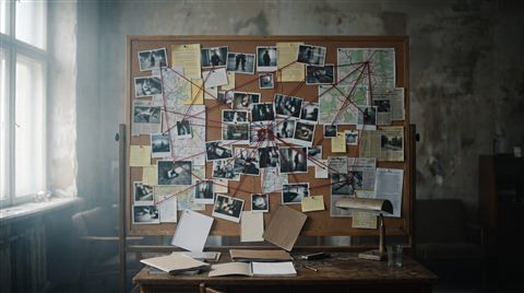 Cinematic film still of detective evidence board with photos and red strings, no readable writing, centered subject with a simple uncluttered composition, misty morning haze, dreamy, 16:9 aspect ratio