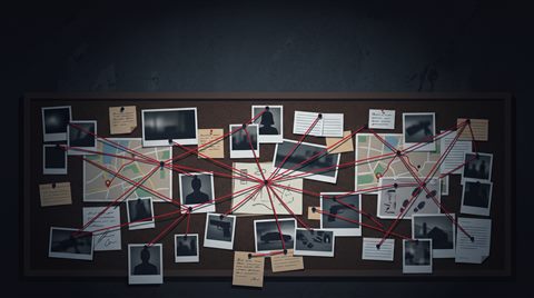 Minimal flat illustration of detective evidence board with photos and red strings, no readable writing, wide shot with open space at the top for text, moody dark tones, dramatic lighting, 16:9 aspect ratio
