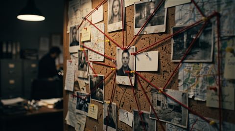 Cinematic film still of detective evidence board with photos and red strings, no readable writing, close-up detail with shallow depth of field, moody dark tones, dramatic lighting, 16:9 aspect ratio
