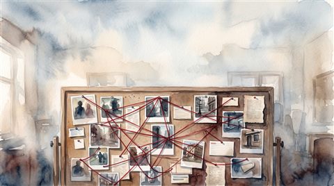 Watercolor illustration of detective evidence board with photos and red strings, no readable writing, wide shot with open space at the top for text, misty morning haze, dreamy, 16:9 aspect ratio