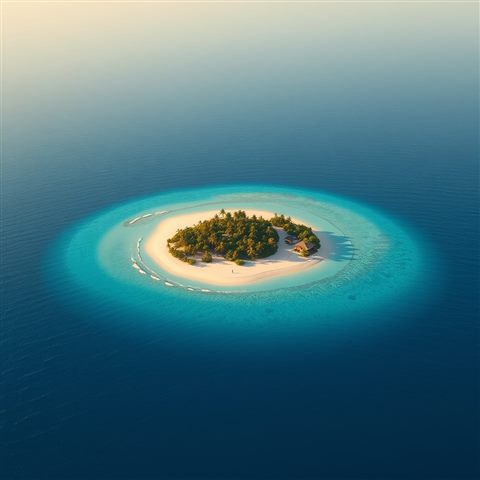 Photorealistic photo of A small tropical green island with a white sandy beach surrounded by clear blue sea, wide shot with open space at the top for text, warm golden light, calm mood, 1:1 aspect ratio