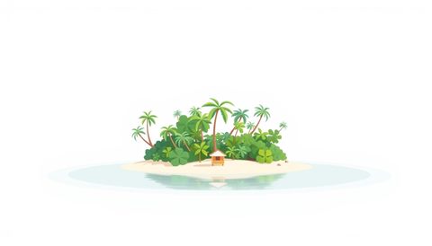 Minimal flat illustration of A small tropical green island with a white sandy beach surrounded by clear blue sea, centered subject with a simple uncluttered composition, soft pastel colors, bright and cozy, 16:9 aspect ratio
