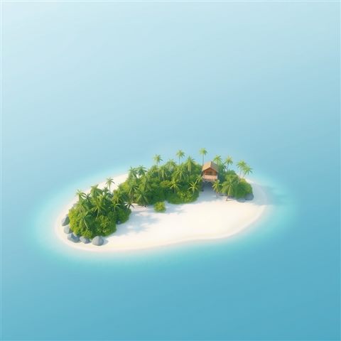 Soft 3D render of A small tropical green island with a white sandy beach surrounded by clear blue sea, wide shot with open space at the top for text, misty morning haze, dreamy, 1:1 aspect ratio