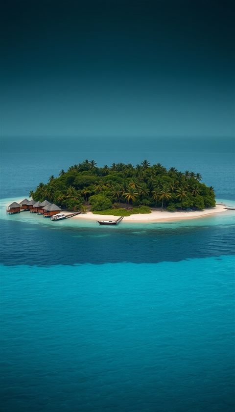 Photorealistic photo of A small tropical green island with a white sandy beach surrounded by clear blue sea, close-up detail with shallow depth of field, moody dark tones, dramatic lighting, 9:16 aspect ratio