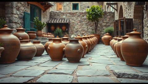 Cinematic film still of Traditional brown earthenware pottery jars resting peacefully on a stone patio, wide shot with open space at the top for text, vivid colors, high contrast, energetic, 16:9 aspect ratio