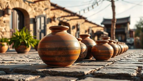 Photorealistic photo of Traditional brown earthenware pottery jars resting peacefully on a stone patio, close-up detail with shallow depth of field, warm golden light, calm mood, 16:9 aspect ratio
