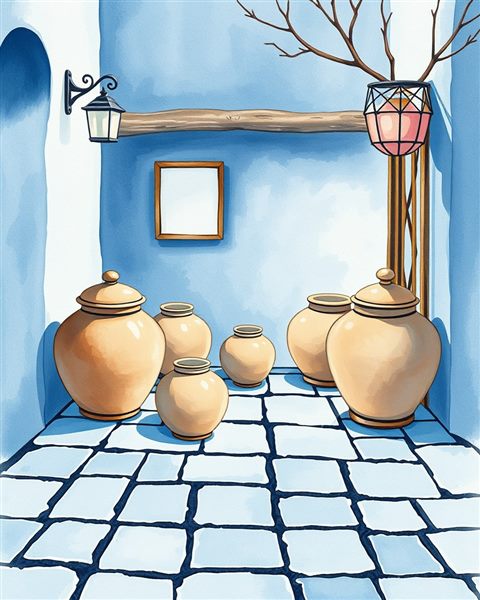 Watercolor illustration of Traditional brown earthenware pottery jars resting peacefully on a stone patio, centered subject with a simple uncluttered composition, cool blue tones, quiet atmosphere, 4:5 aspect ratio