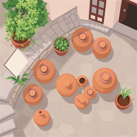 Minimal flat illustration of Traditional brown earthenware pottery jars resting peacefully on a stone patio, high-angle view from above, soft pastel colors, bright and cozy, 1:1 aspect ratio