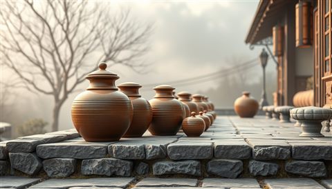 Soft 3D render of Traditional brown earthenware pottery jars resting peacefully on a stone patio, close-up detail with shallow depth of field, misty morning haze, dreamy, 16:9 aspect ratio