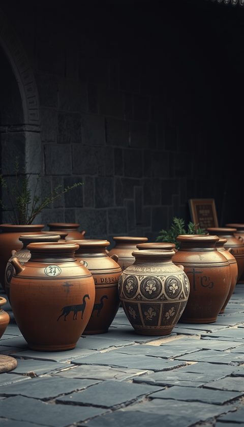 Photorealistic photo of Traditional brown earthenware pottery jars resting peacefully on a stone patio, wide shot with open space at the top for text, moody dark tones, dramatic lighting, 9:16 aspect ratio