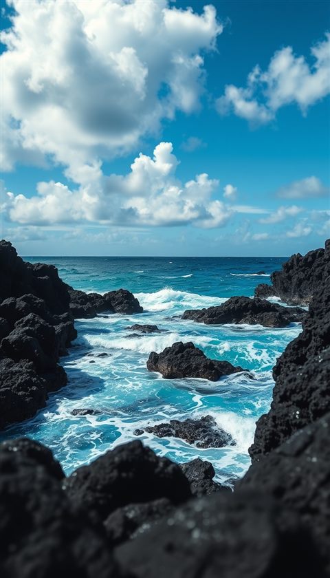 Photorealistic photo of Black volcanic basalt rocks meeting turquoise ocean waves under a bright blue sky with fluffy white clouds., close-up detail with shallow depth of field, moody dark tones, dramatic lighting, 9:16 aspect ratio