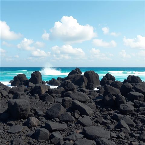 Minimal flat illustration of Black volcanic basalt rocks meeting turquoise ocean waves under a bright blue sky with fluffy white clouds., wide shot with open space at the top for text, soft pastel colors, bright and cozy, 1:1 aspect ratio
