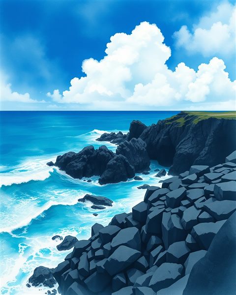 Watercolor illustration of Black volcanic basalt rocks meeting turquoise ocean waves under a bright blue sky with fluffy white clouds., high-angle view from above, cool blue tones, quiet atmosphere, 4:5 aspect ratio