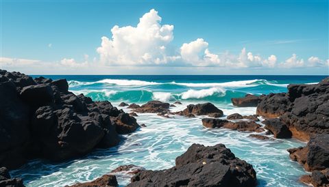 Photorealistic photo of Black volcanic basalt rocks meeting turquoise ocean waves under a bright blue sky with fluffy white clouds., centered subject with a simple uncluttered composition, warm golden light, calm mood, 16:9 aspect ratio