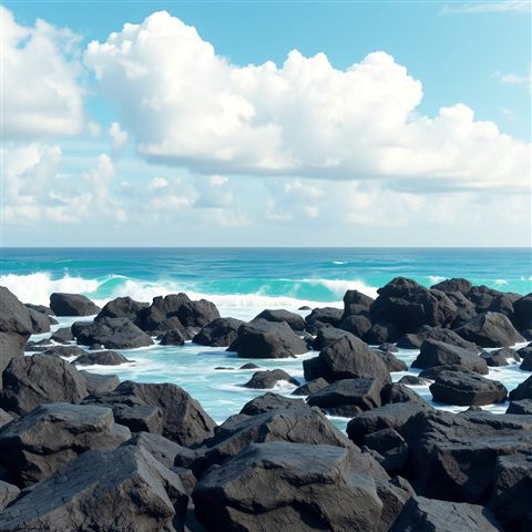 Soft 3D render of Black volcanic basalt rocks meeting turquoise ocean waves under a bright blue sky with fluffy white clouds., wide shot with open space at the top for text, misty morning haze, dreamy, 1:1 aspect ratio