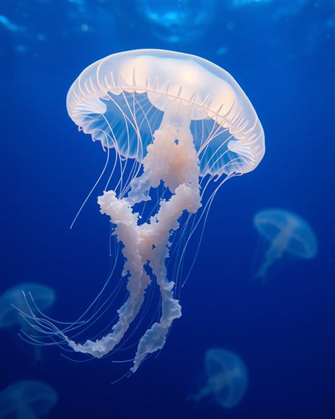 Cinematic film still of Translucent bioluminescent jellyfish glowing gently while floating in the deep blue ocean water, wide shot with open space at the top for text, vivid colors, high contrast, energetic, 4:5 aspect ratio