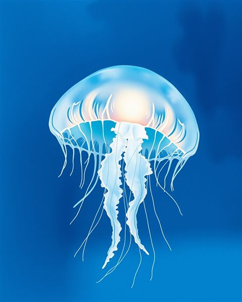 Watercolor illustration of Translucent bioluminescent jellyfish glowing gently while floating in the deep blue ocean water, wide shot with open space at the top for text, cool blue tones, quiet atmosphere, 4:5 aspect ratio