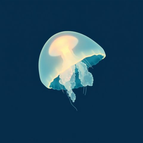 Minimal flat illustration of Translucent bioluminescent jellyfish glowing gently while floating in the deep blue ocean water, close-up detail with shallow depth of field, soft pastel colors, bright and cozy, 1:1 aspect ratio